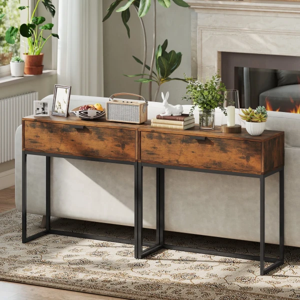 Consoletafel Gangtafel Met Lade, Industrieel Ontwerp, Gang Woonkamer, 80x30x76 Cm, Zwart