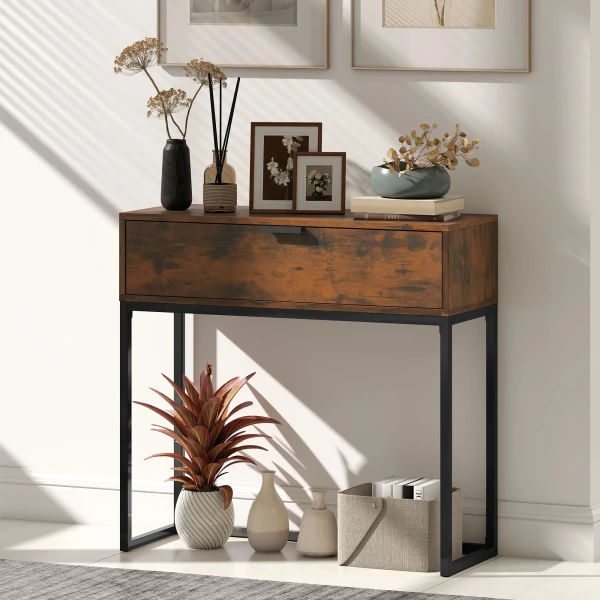 Consoletafel Gangtafel Met Lade, Industrieel Ontwerp, Gang Woonkamer, 80x30x76 Cm, Zwart