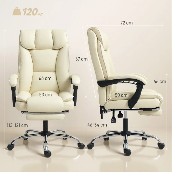 Ergonomische Bureaustoel Met Voetensteun, Kunstlederen Bekleding, Rolbaar, Draaibaar, Metaal, Beige+Zwart