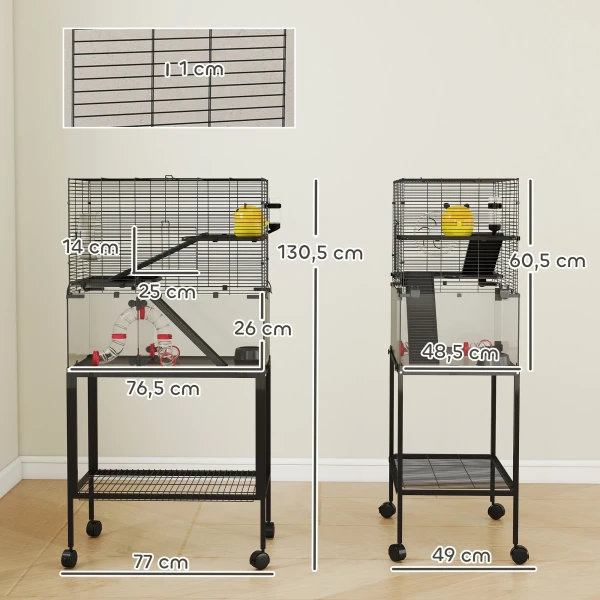 Hamsterkooi, Klein Dierenverblijf Met 3 Niveaus, Looprad, Hut, Platforms, Hellingen, Voerbak, Waterfles, Accessoires, Staal, Kunststof, Zwart