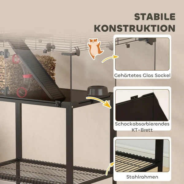 Hamsterkooi, Klein Dierenverblijf Met 3 Niveaus, Looprad, Hut, Platforms, Hellingen, Voerbak, Waterfles, Accessoires, Staal, Kunststof, Zwart