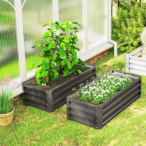 Hoogbed Metaal 2 delig Set, Open Bodem, Voor Tuin Balkon, 110x50x30cm, Donkergrijs