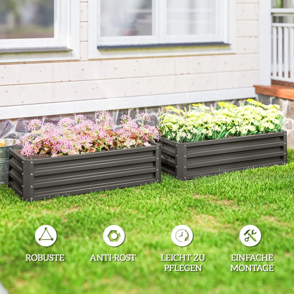 Hoogbed Metaal 2 delig Set, Open Bodem, Voor Tuin Balkon, 110x50x30cm, Donkergrijs
