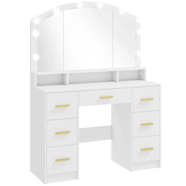 Kaptafel Met 10 LED Hollywood lampen, Spiegel, 7 Lades, 3 Vakken, MDF, Wit