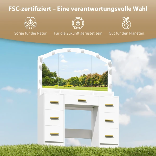 Kaptafel Met 10 LED Hollywood lampen, Spiegel, 7 Lades, 3 Vakken, MDF, Wit