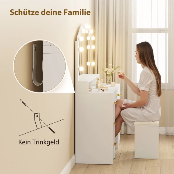 Kaptafel Met 10 LED Hollywood lampen, Spiegel, 7 Lades, 3 Vakken, MDF, Wit