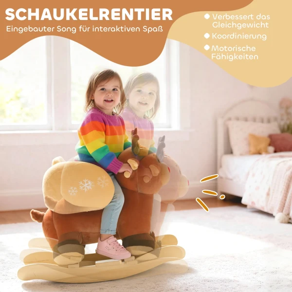 Kinder Schommelpaard Baby Schommeldier Rendier Met Slaapliedjes, Voor 18 36 Maanden Pluche 65 X 35 X 59 Cm Bruin