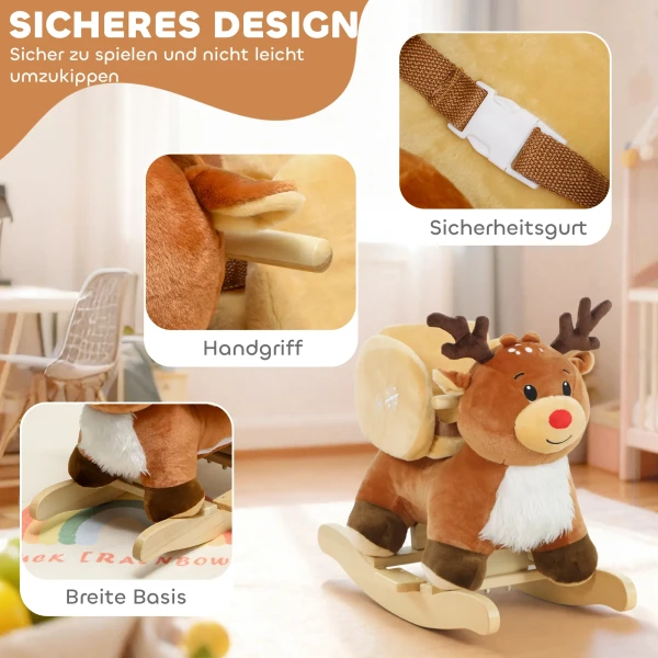 Kinder Schommelpaard Baby Schommeldier Rendier Met Slaapliedjes, Voor 18 36 Maanden Pluche 65 X 35 X 59 Cm Bruin