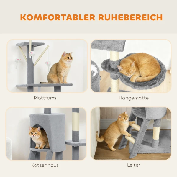 Krabpaal Kattenboom Met Hol, 4 Speelgoed, Sisal Stammen, Groot Platform, Trap, Voor Katten Onder 5 Kg, Grijs