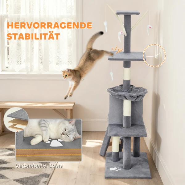 Krabpaal Kattenboom Met Hol, 4 Speelgoed, Sisal Stammen, Groot Platform, Trap, Voor Katten Onder 5 Kg, Grijs