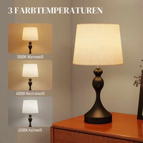 LED Tafellamp Met 3 Kleurtemperaturen, Nachtkastlamp Met USB A+C Laadpoorten, Linnen Scherm, Zwart