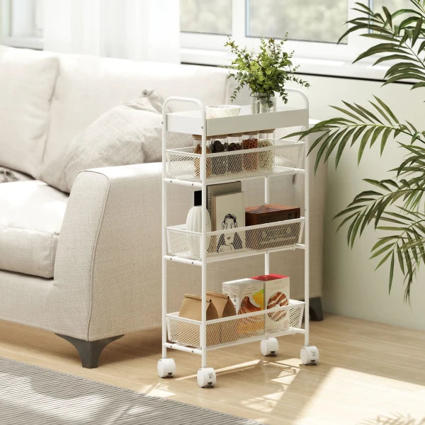 Metalen Keukenwagen, 3 Manden, Slank Ontwerp, 4 Wielen, Voor Keuken, Woonkamer, Badkamer, Wit