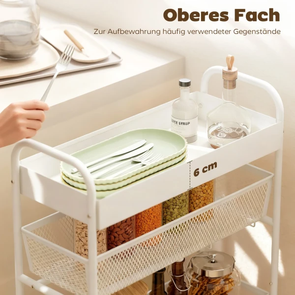 Metalen Keukenwagen, 3 Manden, Slank Ontwerp, 4 Wielen, Voor Keuken, Woonkamer, Badkamer, Wit