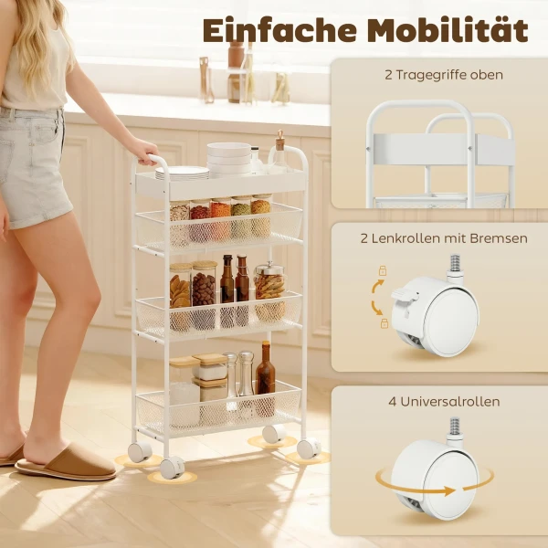 Metalen Keukenwagen, 3 Manden, Slank Ontwerp, 4 Wielen, Voor Keuken, Woonkamer, Badkamer, Wit