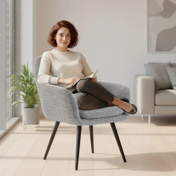 Moderne Accentstoel, Gestoffeerde Stoel Met Metalen Poten, Linnen Look, Lichtgrijs