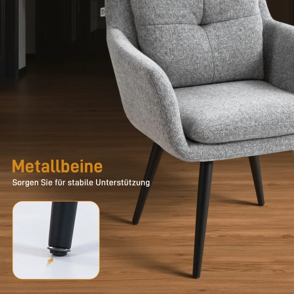 Moderne Accentstoel, Gestoffeerde Stoel Met Metalen Poten, Linnen Look, Lichtgrijs