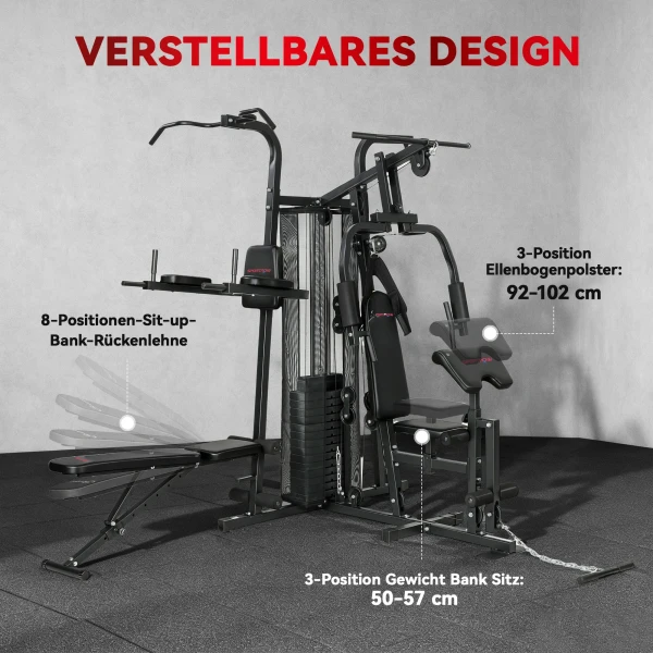 Multifunctioneel Trainingsstation, Thuisfitness Machine Voor Meer Dan 10 Oefeningen, Gewichten, Aanpasbare Fitnessbank, Zwart