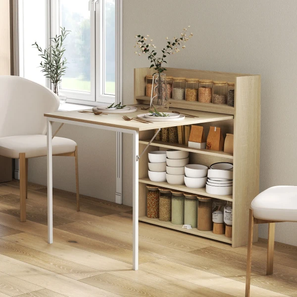 Opklapbare Eettafel Met Plank, Industrieel Ontwerp, Ruimtebesparend, Voor Kleine Ruimtes, 78,5 X 91 X 93 Cm, Eiken