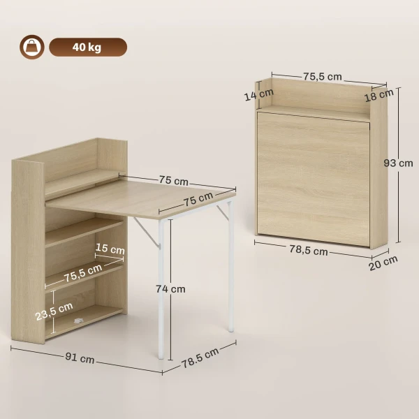 Opklapbare Eettafel Met Plank, Industrieel Ontwerp, Ruimtebesparend, Voor Kleine Ruimtes, 78,5 X 91 X 93 Cm, Eiken