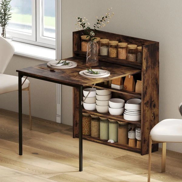 Opklapbare Eettafel Met Plank, Industrieel Ontwerp, Ruimtebesparend, Voor Kleine Ruimtes, 80x90x93cm, Rustiek Bruin