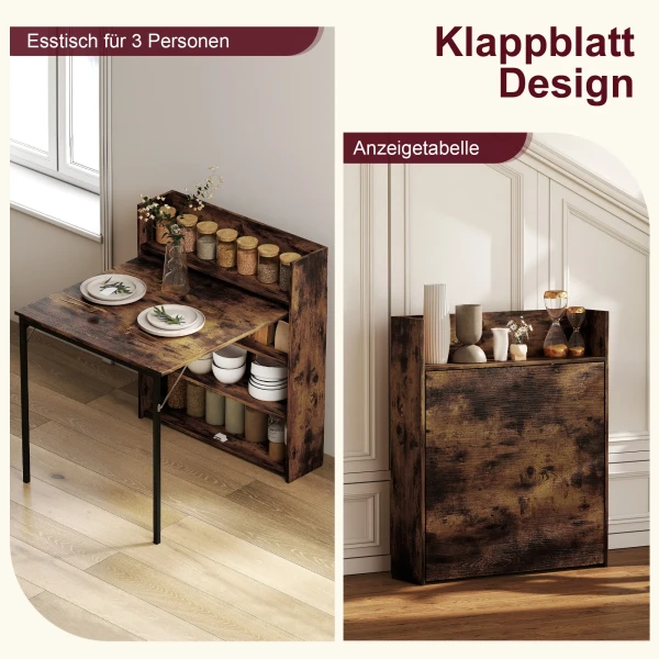 Opklapbare Eettafel Met Plank, Industrieel Ontwerp, Ruimtebesparend, Voor Kleine Ruimtes, 80x90x93cm, Rustiek Bruin