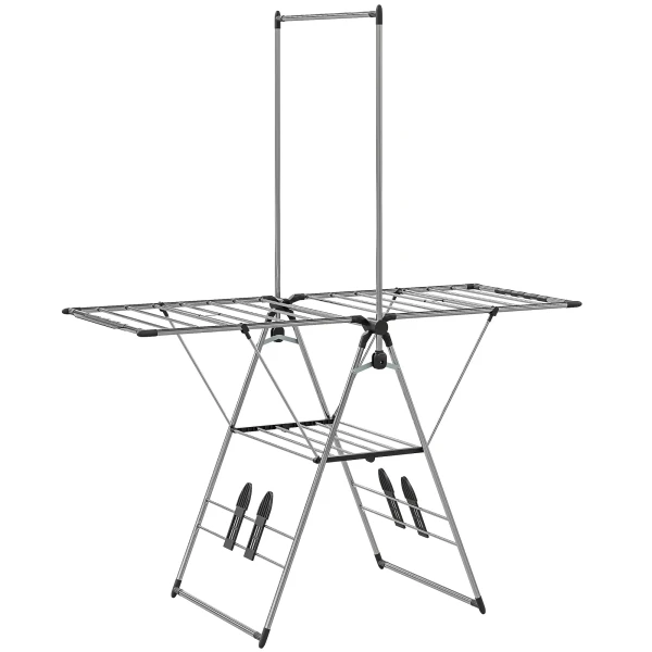 Opvouwbare Wasdroger Met Verstelbare Vleugels, Schoenhouders, Roestvrij Staal, 156,5 X 68 X 192 Cm, Zilver