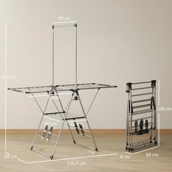 Opvouwbare Wasdroger Met Verstelbare Vleugels, Schoenhouders, Roestvrij Staal, 156,5 X 68 X 192 Cm, Zilver