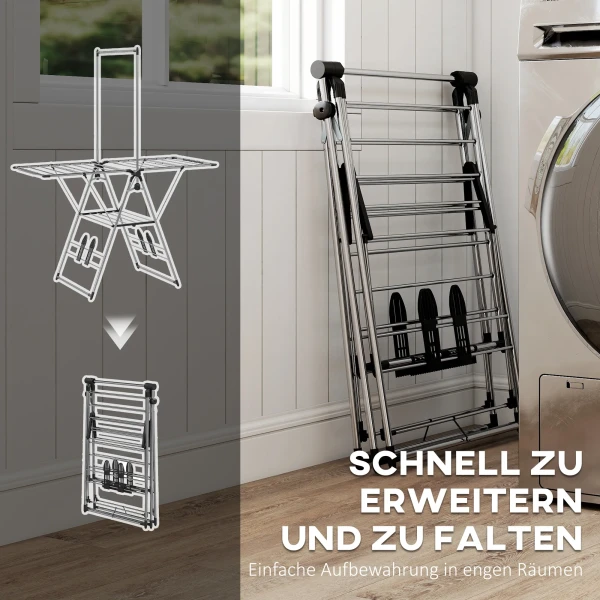 Opvouwbare Wasdroger Met Verstelbare Vleugels, Schoenhouders, Roestvrij Staal, 156,5 X 68 X 192 Cm, Zilver