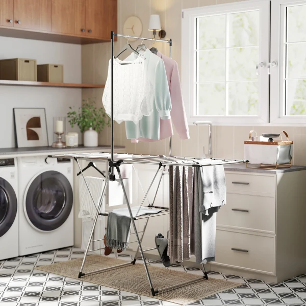 Opvouwbare Wasdroger Met Verstelbare Vleugels, Schoenhouders, Roestvrij Staal, 156,5 X 68 X 192 Cm, Zilver