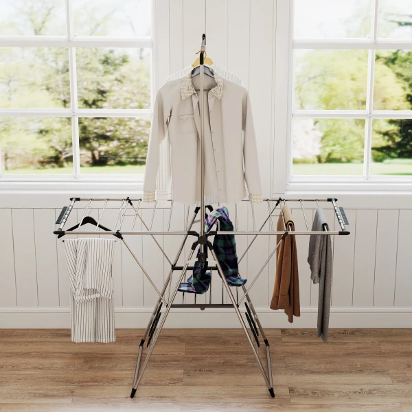 Opvouwbare Wasdroger Met Verstelbare Vleugels, Schoenhouders, Roestvrij Staal, 156,5 X 68 X 192 Cm, Zilver