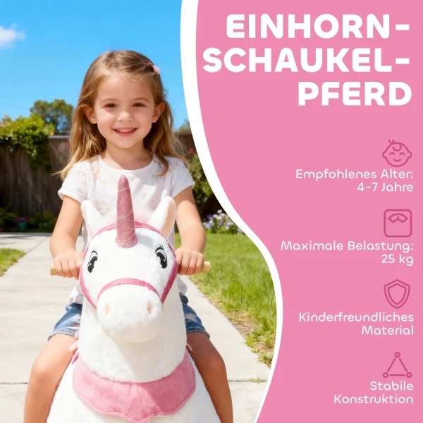 Rijdend Paard Voor Kinderen, Eenhoorn Ontwerp, Stoffen Bekleding, Stabiel Frame, Zachte Wielen, Schommelpaard, 3 5 Jaar, Wit