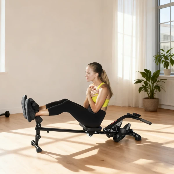 Roeimachine, Roeiapparaat Voor Sit ups, 12 traps Verstelbaar, 2 in 1 Cardio apparaat, LCD display, Staal, Kunststof, Zwart
