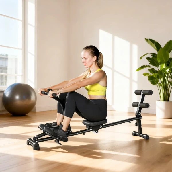 Roeimachine, Roeiapparaat Voor Sit ups, 12 traps Verstelbaar, 2 in 1 Cardio apparaat, LCD display, Staal, Kunststof, Zwart