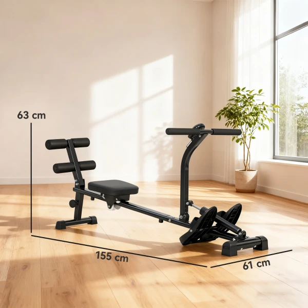 Roeimachine, Roeiapparaat Voor Sit ups, 12 traps Verstelbaar, 2 in 1 Cardio apparaat, LCD display, Staal, Kunststof, Zwart