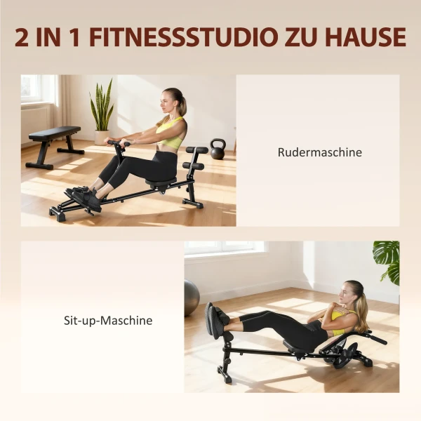 Roeimachine, Roeiapparaat Voor Sit ups, 12 traps Verstelbaar, 2 in 1 Cardio apparaat, LCD display, Staal, Kunststof, Zwart