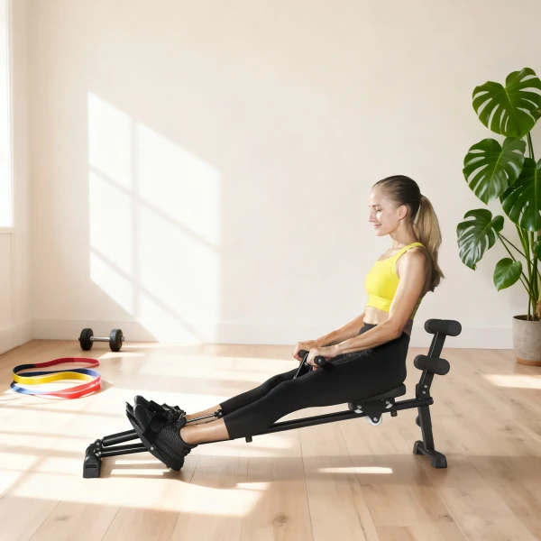 Roeimachine, Roeiapparaat Voor Sit ups, 12 traps Verstelbaar, 2 in 1 Cardio apparaat, LCD display, Staal, Kunststof, Zwart