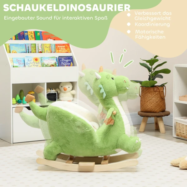 Schommeldier, Dinosaurus schommel, Interactieve Dierengeluiden, Zachte Vulling, Houten Frame, 65 X 38 X 72 Cm, Groen
