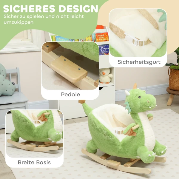 Schommeldier, Dinosaurus schommel, Interactieve Dierengeluiden, Zachte Vulling, Houten Frame, 65 X 38 X 72 Cm, Groen