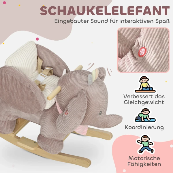Schommeldier, Olifant schommel, Interactieve Dierengeluiden, Houten Frame, Voor Kinderen 1,5 3 Jaar, 65 X 35 X 50 Cm, Bruin