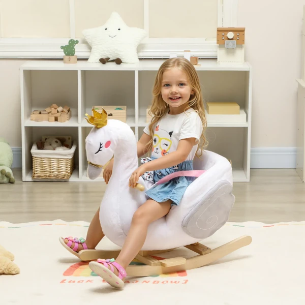 Schommeldier, Zwaan schommel Met Slaapliedje, Zachte Vulling, Houten Frame, Voor Kinderen 1,5 3 Jaar, 65x40x68 Cm, Wit