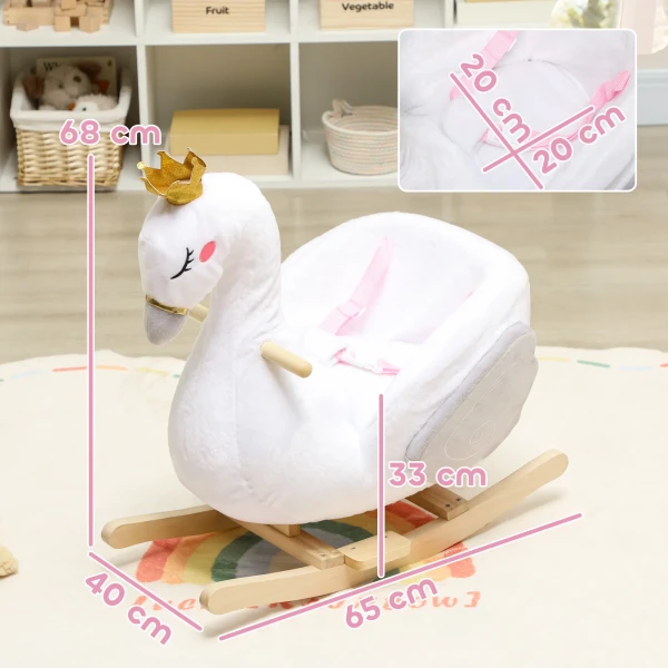 Schommeldier, Zwaan schommel Met Slaapliedje, Zachte Vulling, Houten Frame, Voor Kinderen 1,5 3 Jaar, 65x40x68 Cm, Wit