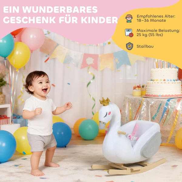 Schommeldier, Zwaan schommel Met Slaapliedje, Zachte Vulling, Houten Frame, Voor Kinderen 1,5 3 Jaar, 65x40x68 Cm, Wit