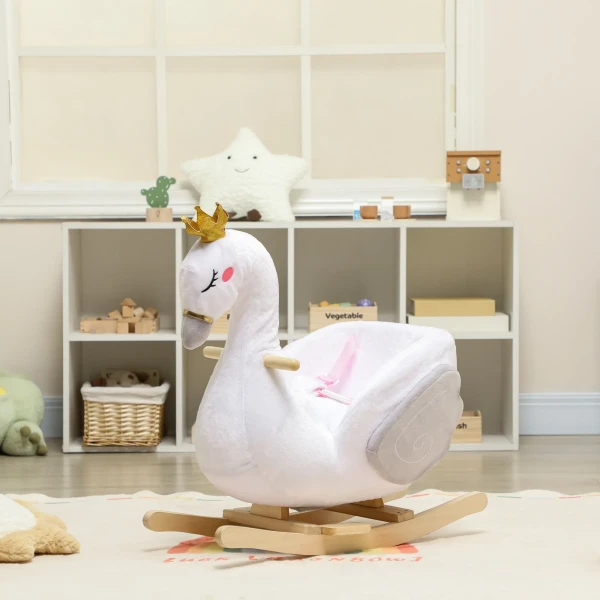 Schommeldier, Zwaan schommel Met Slaapliedje, Zachte Vulling, Houten Frame, Voor Kinderen 1,5 3 Jaar, 65x40x68 Cm, Wit