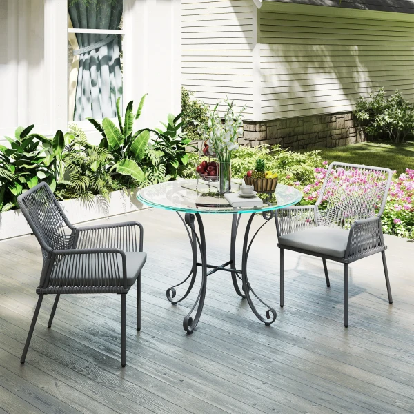 Set Van 2 Tuinstoelen, Terrasstoelen, Wasbare Kussens, Rugleuning, Armleuningen, Staal, Rotan, Donkergrijs