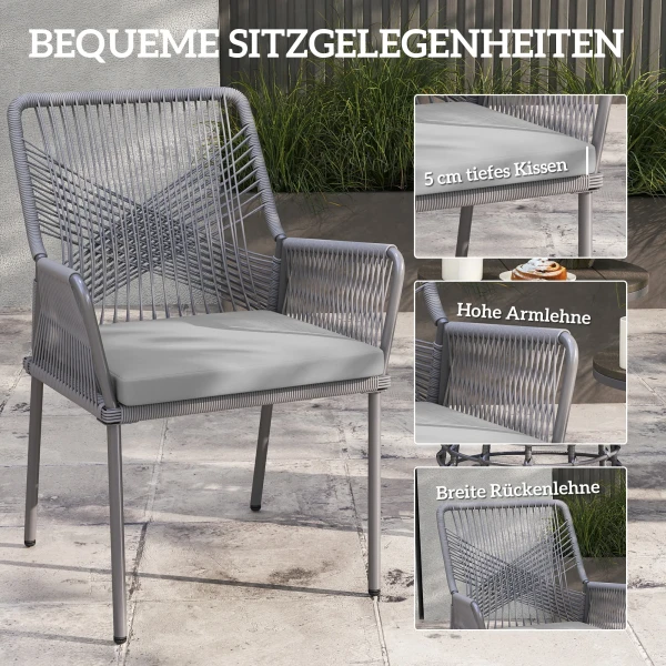 Set Van 2 Tuinstoelen, Terrasstoelen, Wasbare Kussens, Rugleuning, Armleuningen, Staal, Rotan, Donkergrijs