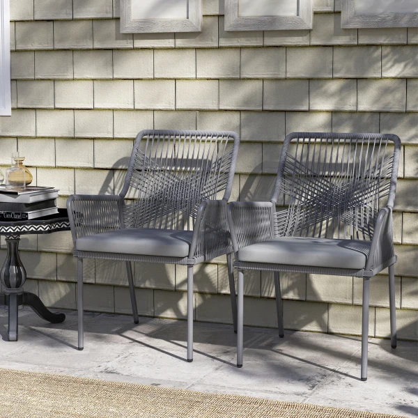 Set Van 2 Tuinstoelen, Terrasstoelen, Wasbare Kussens, Rugleuning, Armleuningen, Staal, Rotan, Donkergrijs
