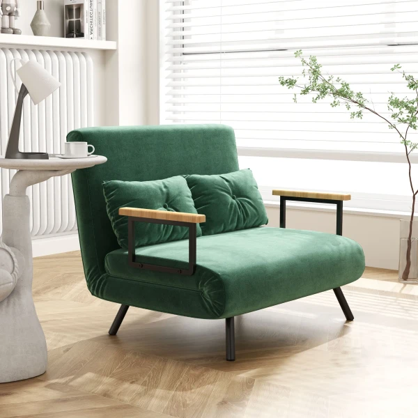 Slaapbank 2 zits Bank Fluwelen Bank, Slaapfunctie, Incl. 2 Kussens, Fluwelen Look, Natuur + Groen