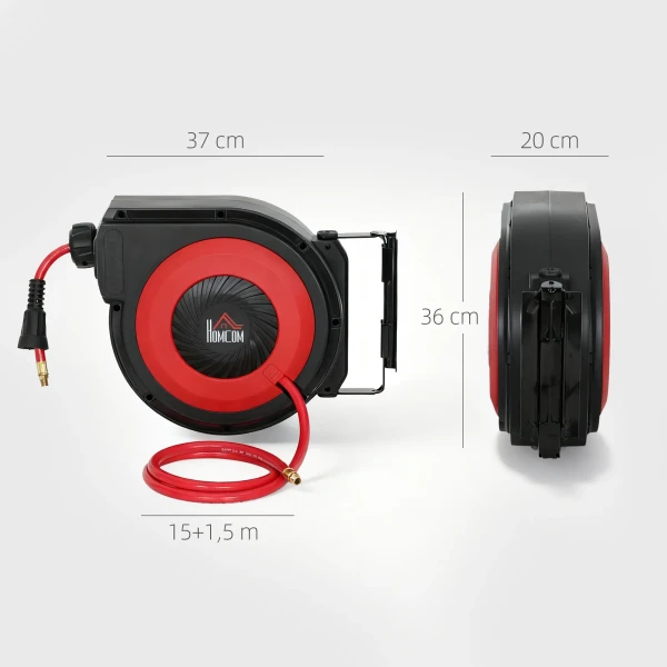 Slanghaspel Met Intrekmechanisme, 16,5 M Lange Slang, Wandmontage, Rood+Zwart