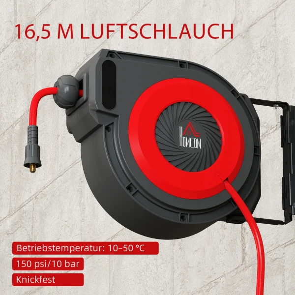 Slanghaspel Met Intrekmechanisme, 16,5 M Lange Slang, Wandmontage, Rood+Zwart