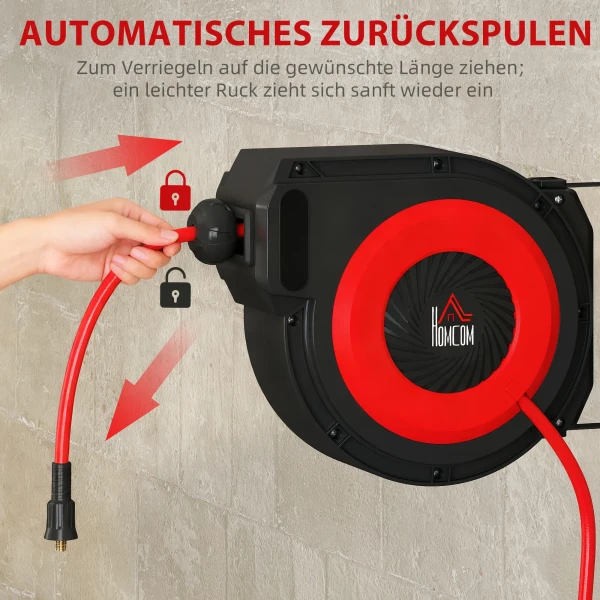 Slanghaspel Met Intrekmechanisme, 16,5 M Lange Slang, Wandmontage, Rood+Zwart